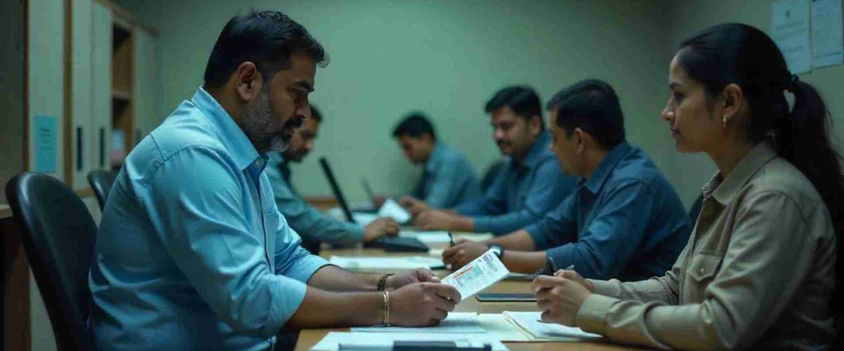 documention process for name change A man and a woman in an office setting review documents, with other people working in the background.