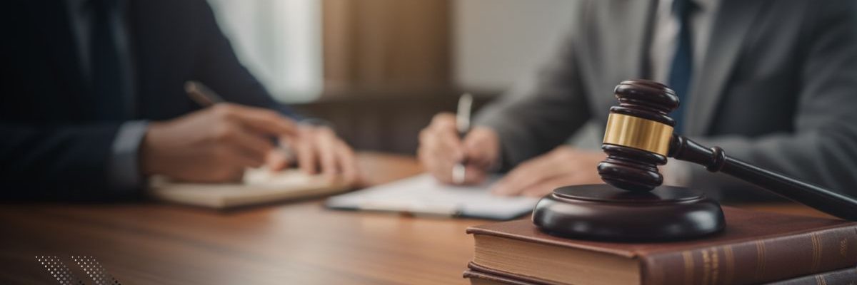 legal name change: A gavel rests on legal books with two people in suits signing documents in the background, symbolizing legal consultation and official procedures.