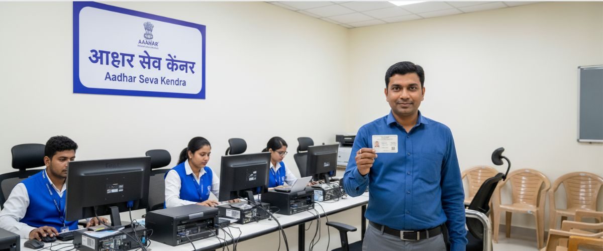 Aadhar Name Change: A smiling man holding up his Aadhaar card in an Aadhar Seva Kendra (service center) with staff working on computers in the background.
