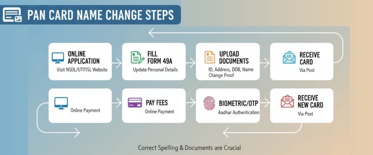 A flowchart illustrating the steps for a PAN card name change, including online application, form filling, document upload, fee payment, biometric/OTP authentication, and receiving the new card.