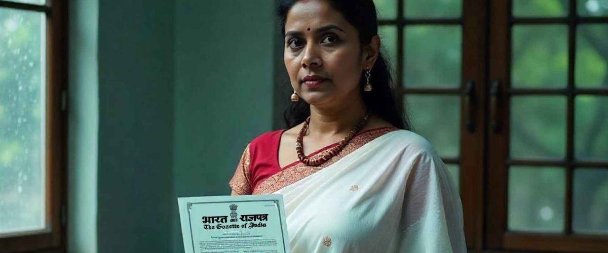 The Gazette of India: Official Publications and Their Significance A woman in a white saree and red blouse holds up a document titled "The Gazette of India" in Hindi and English. She has dark hair, dark eyes, and is wearing gold earrings and a beaded necklace. The background shows a window with trees outside