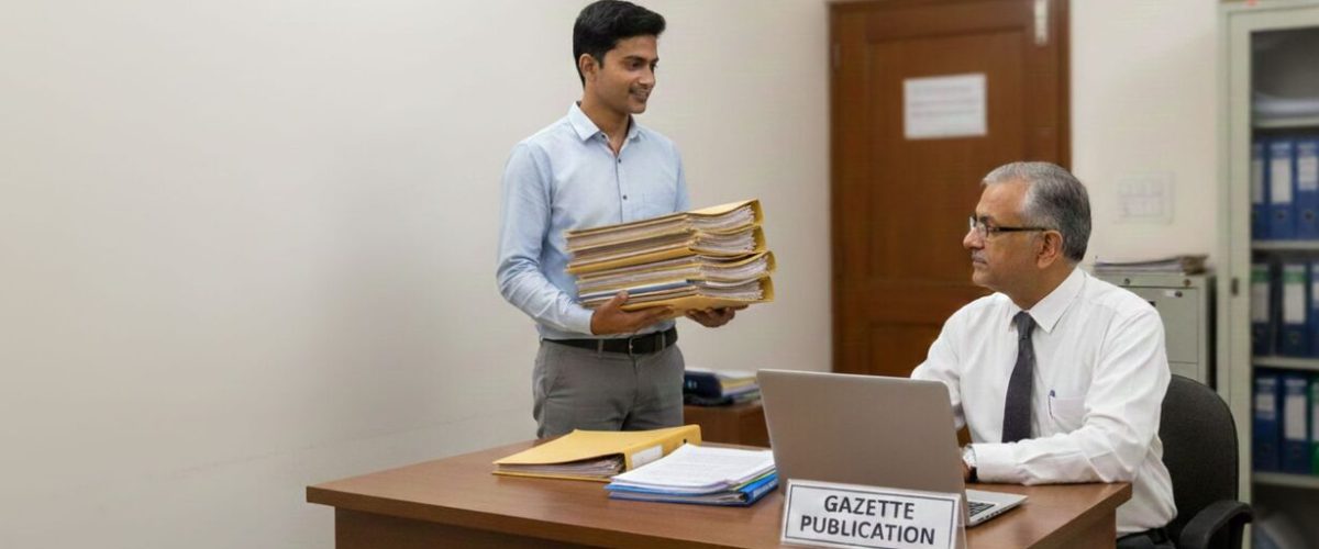 legal name change: A young man carries a stack of files for "GAZETTE PUBLICATION" to an official sitting at a desk in a "GAZETTE OFFICE," indicating administrative work for legal changes.