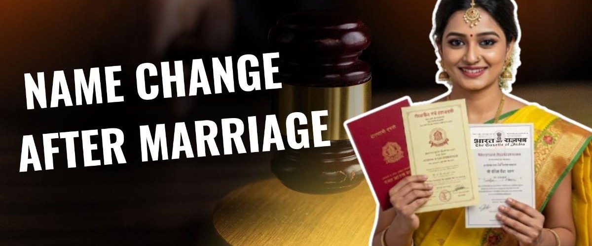 name change after marriage: A smiling Indian bride in traditional attire holds up legal documents including "The Gazette of India,"